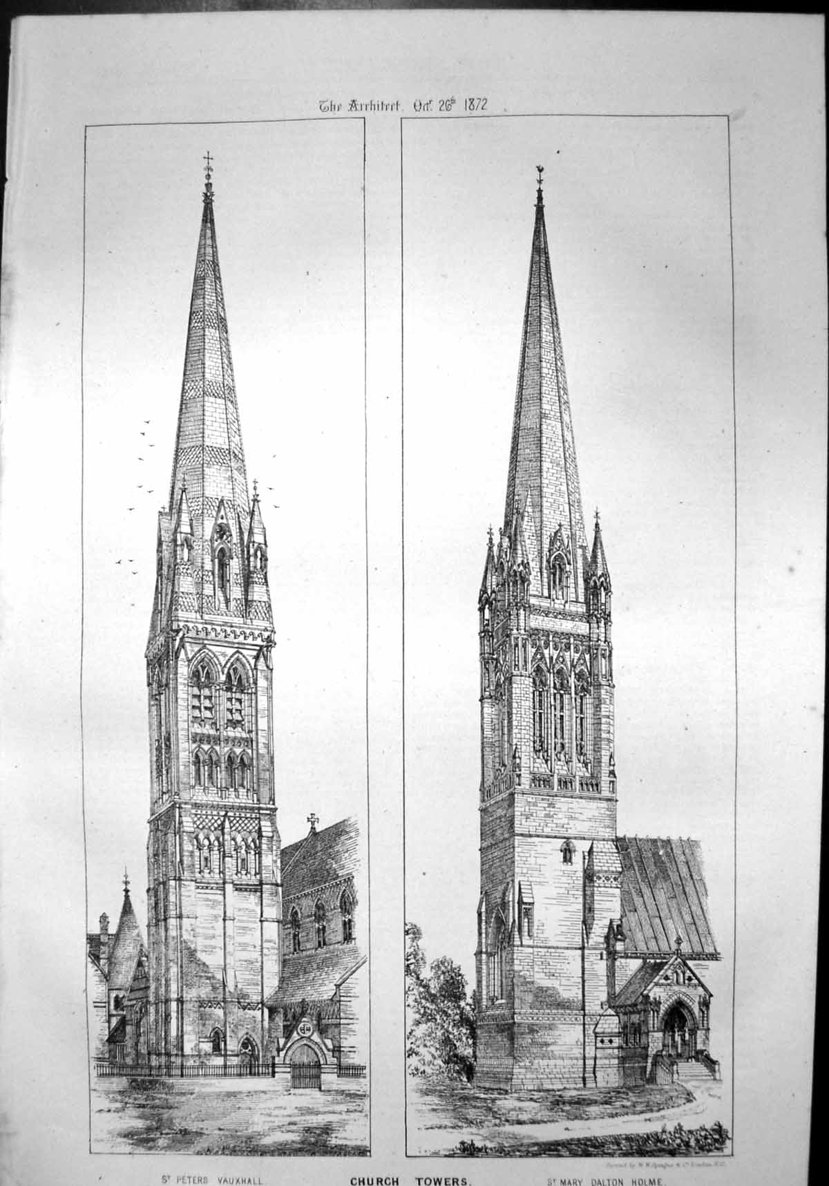 Antique Old Print Church Towers St Peter'S Vauxhall St Mary Dalton Holme 1872