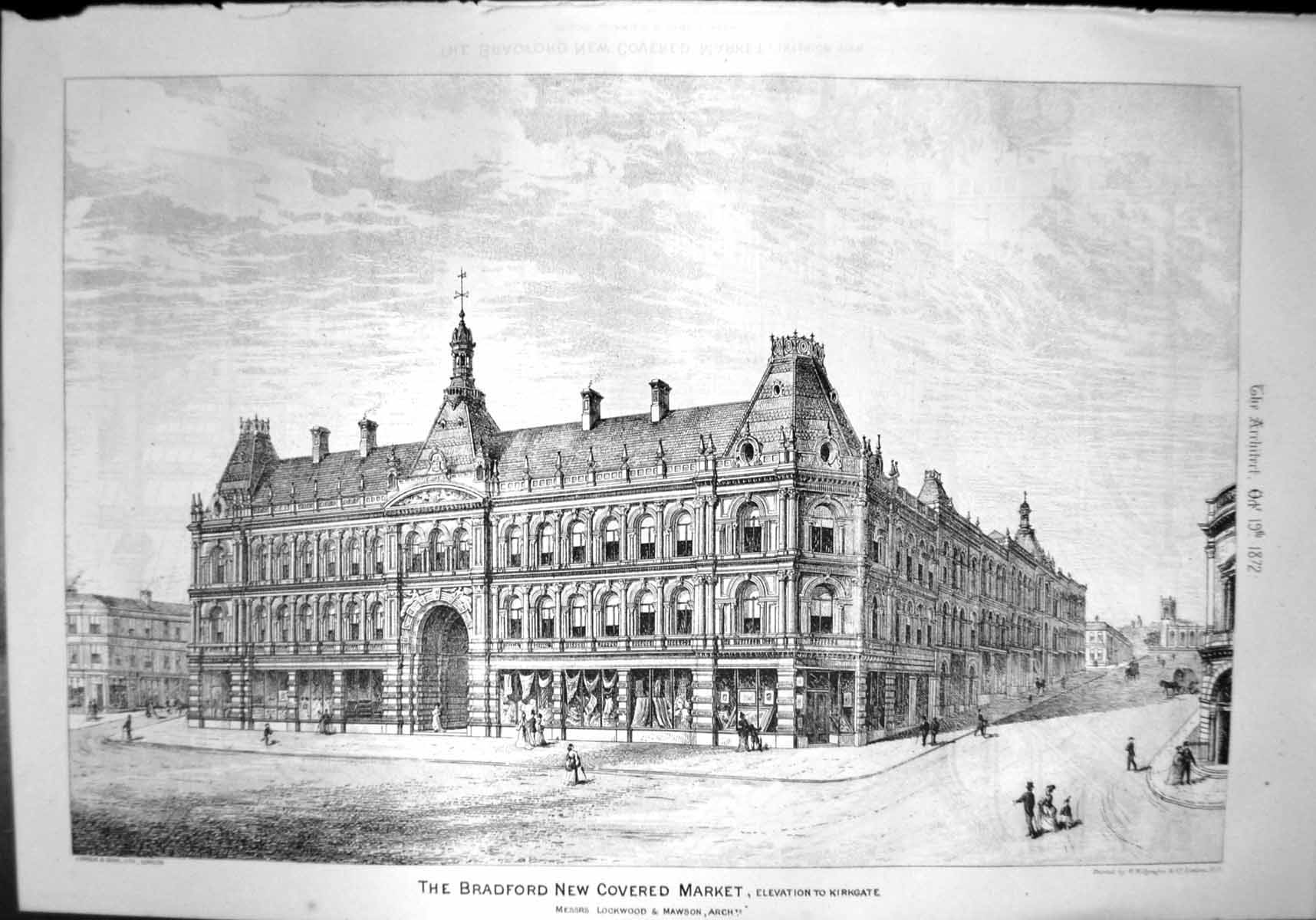 Old Print Bradford Covered Market Elevation Kirkgate Lockwood Mawson 1872 19th