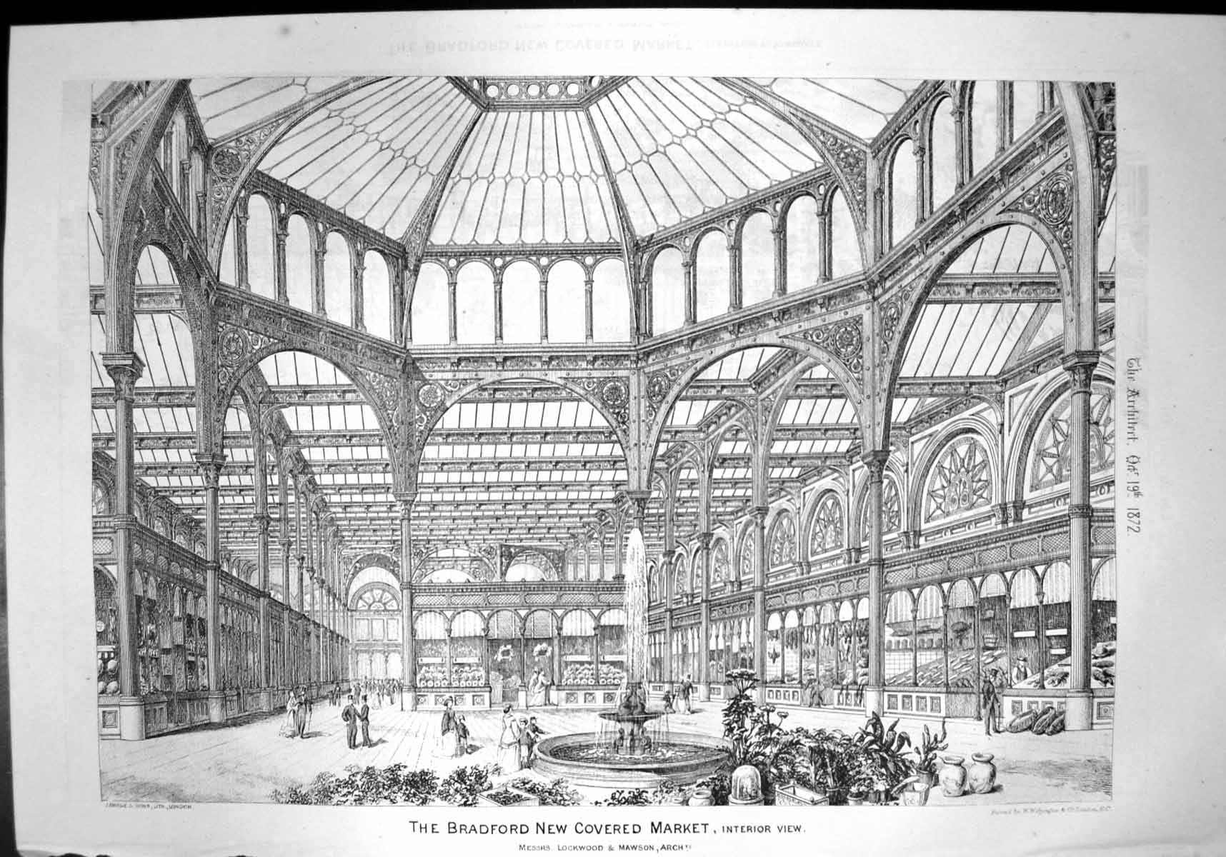 Antique Old Print Bradford New Covered Market Interior Lockwood Mawson 1872