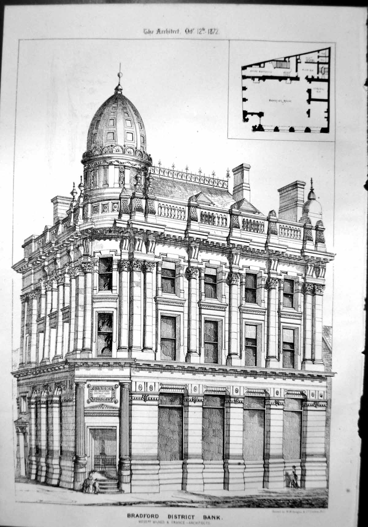 Old Print Bradford District Bank Milnes France Architects Perspective Plan 1872