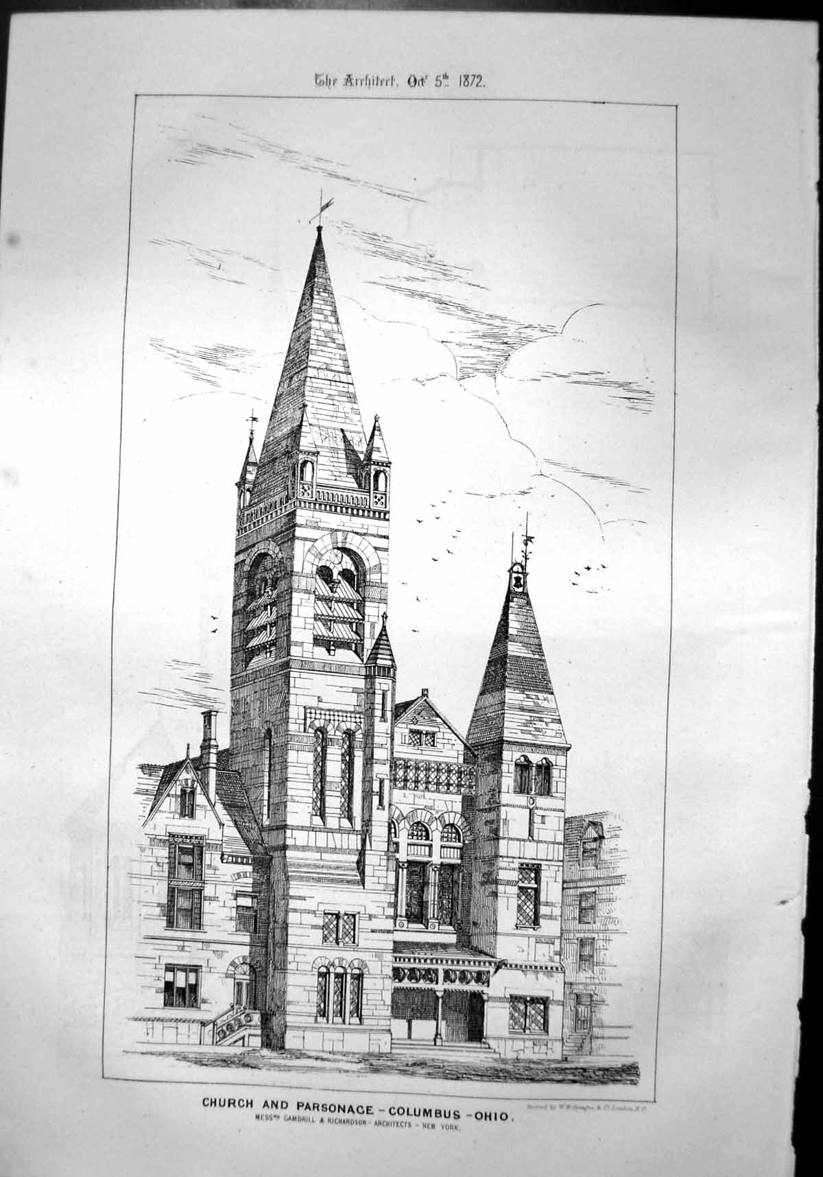 Antique Old Print Church Parsonage Columbus Ohio Us Gambrill Richardson 1872