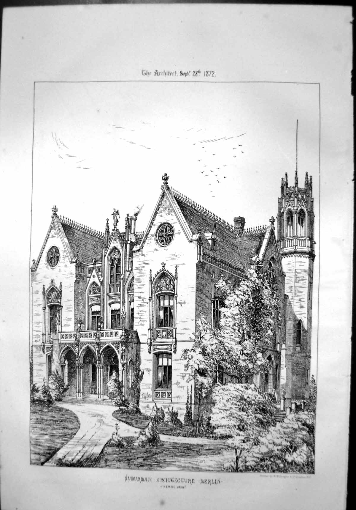 Old Print Suburban Architecture Berlin Hense Architect Arched Porch 1872 19th