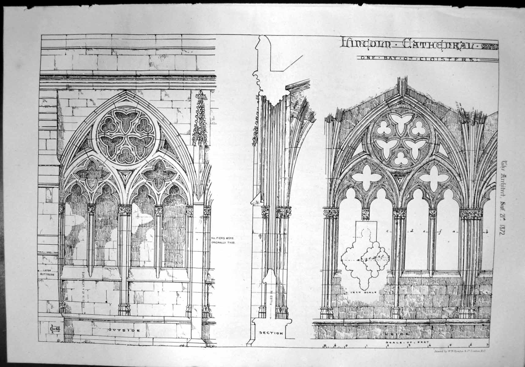 Old Print Lincoln Cathedral Bay Cloisters Outside Inside Details Stonework 1872