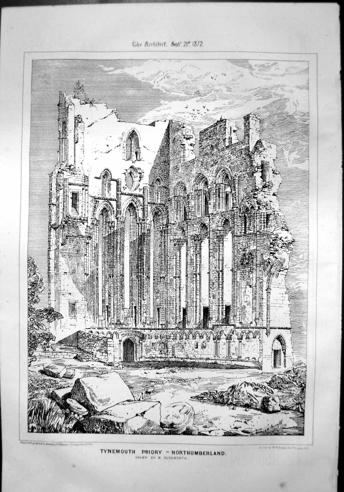 Antique Print Tynemouth Priory Northumberland Drawn W Rushworth Ruins 1872 19th