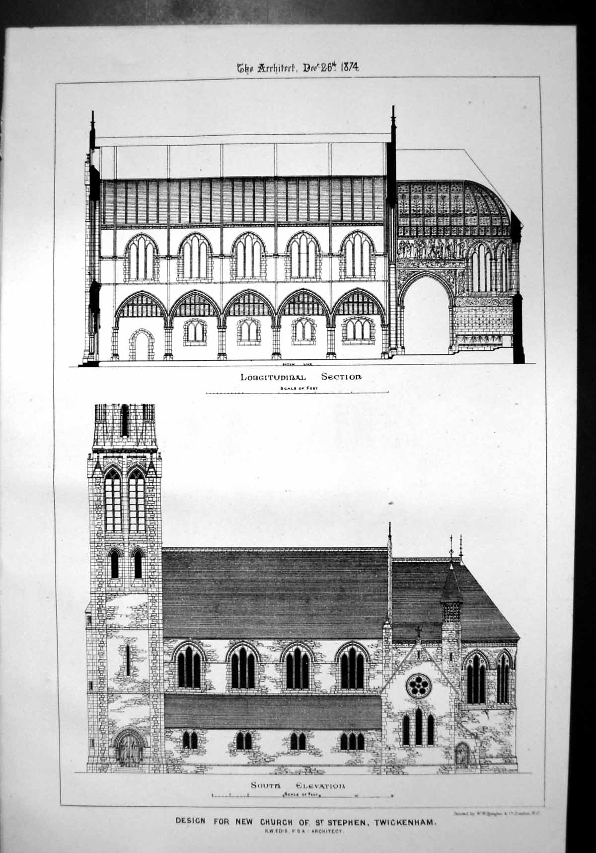 Old Design New Church St Stephen Twickenham Section S Elevation 1874 Victorian