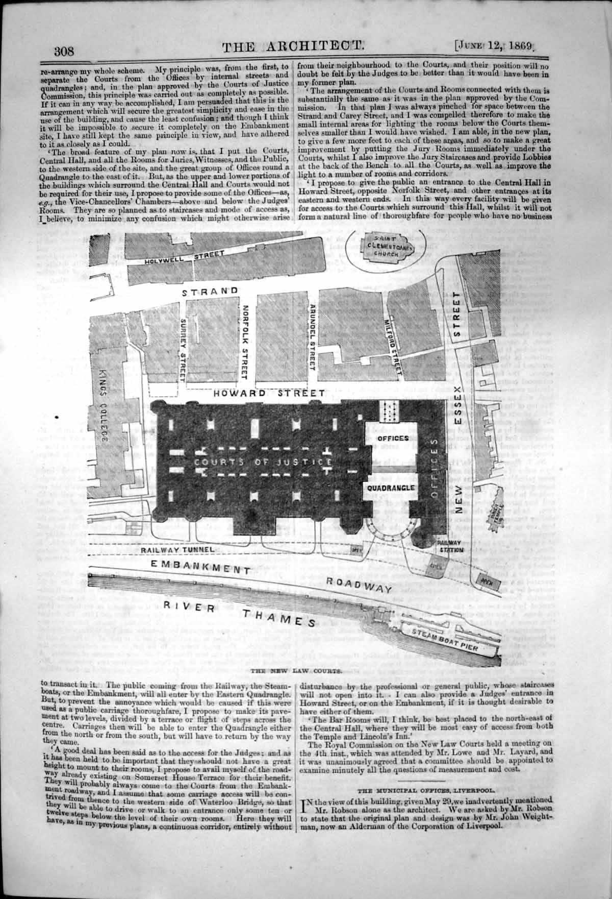 Antique Old Print Plan New Law Courts Edge Thames Howard Street London 1869