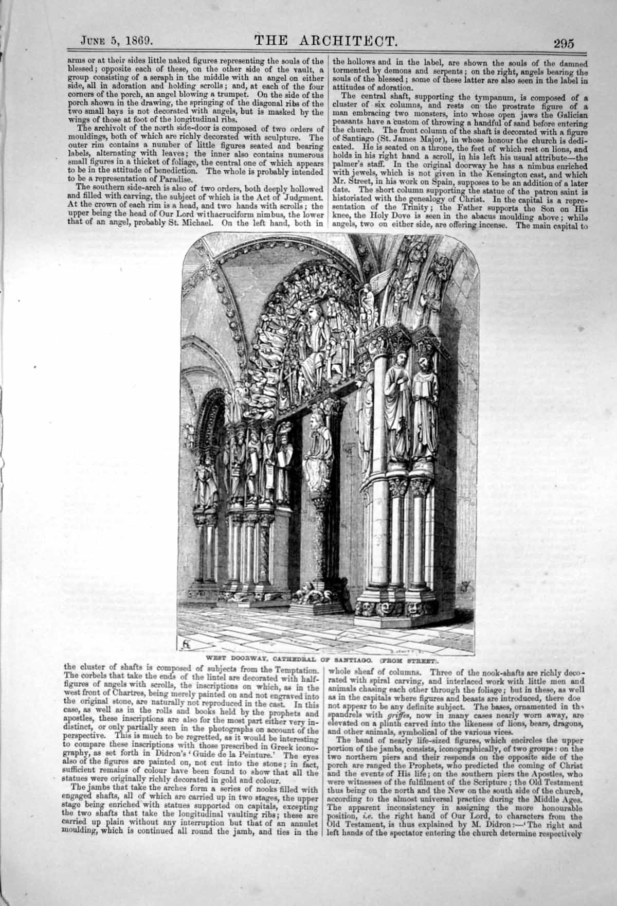 Original Old Antique Print West Doorway Cathedral Santiago From Street 1869