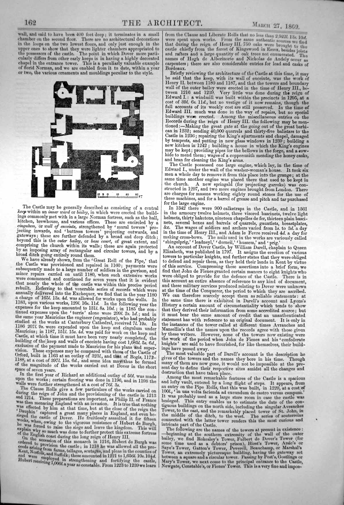 Original Old Antique Print Plan Dover Castle Central Keep Inner Ward 1869 19th