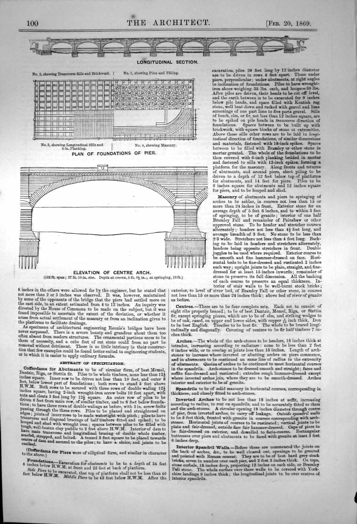 Old Print London Bridge Plan Foundations Pier Elevation Centre Arch 1869 19th