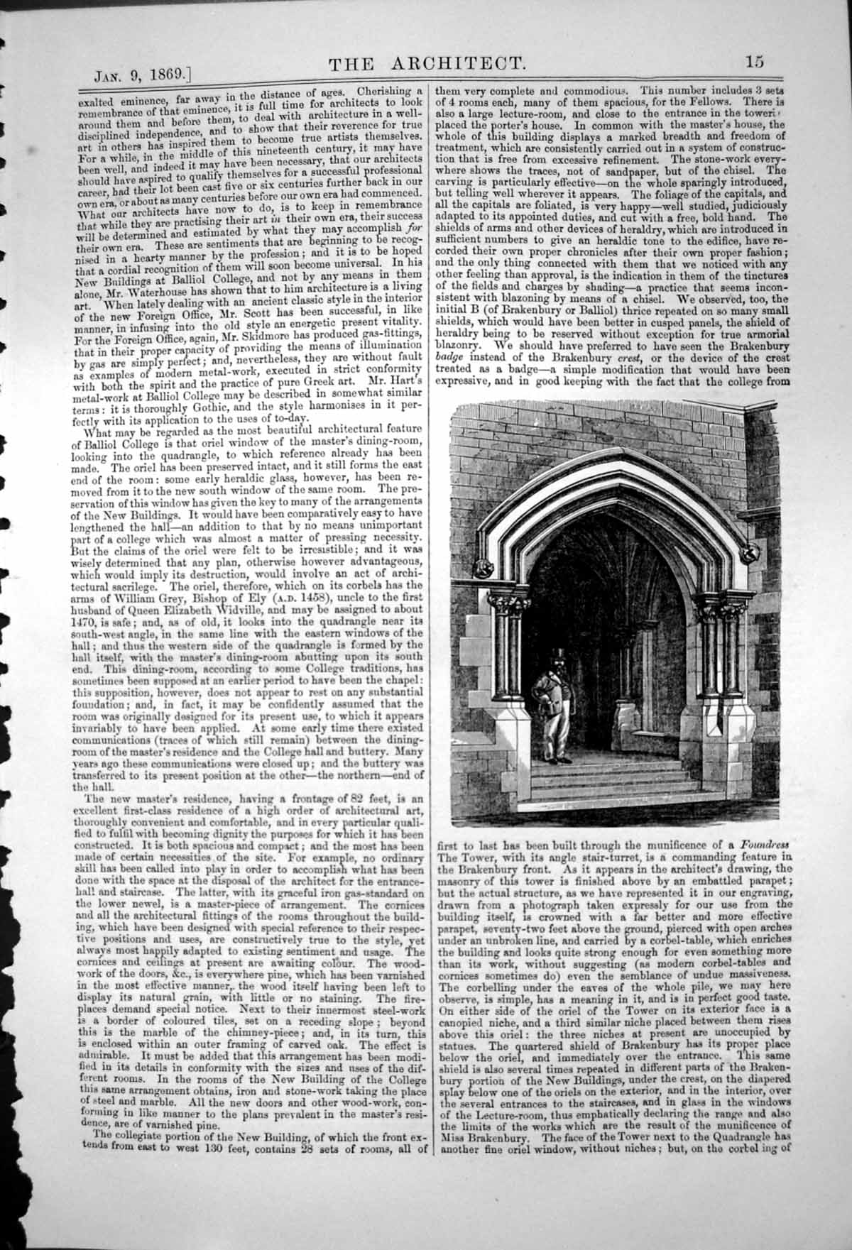 Original Old Antique Print Buildings Balliol College Oxford Archway Door 1869