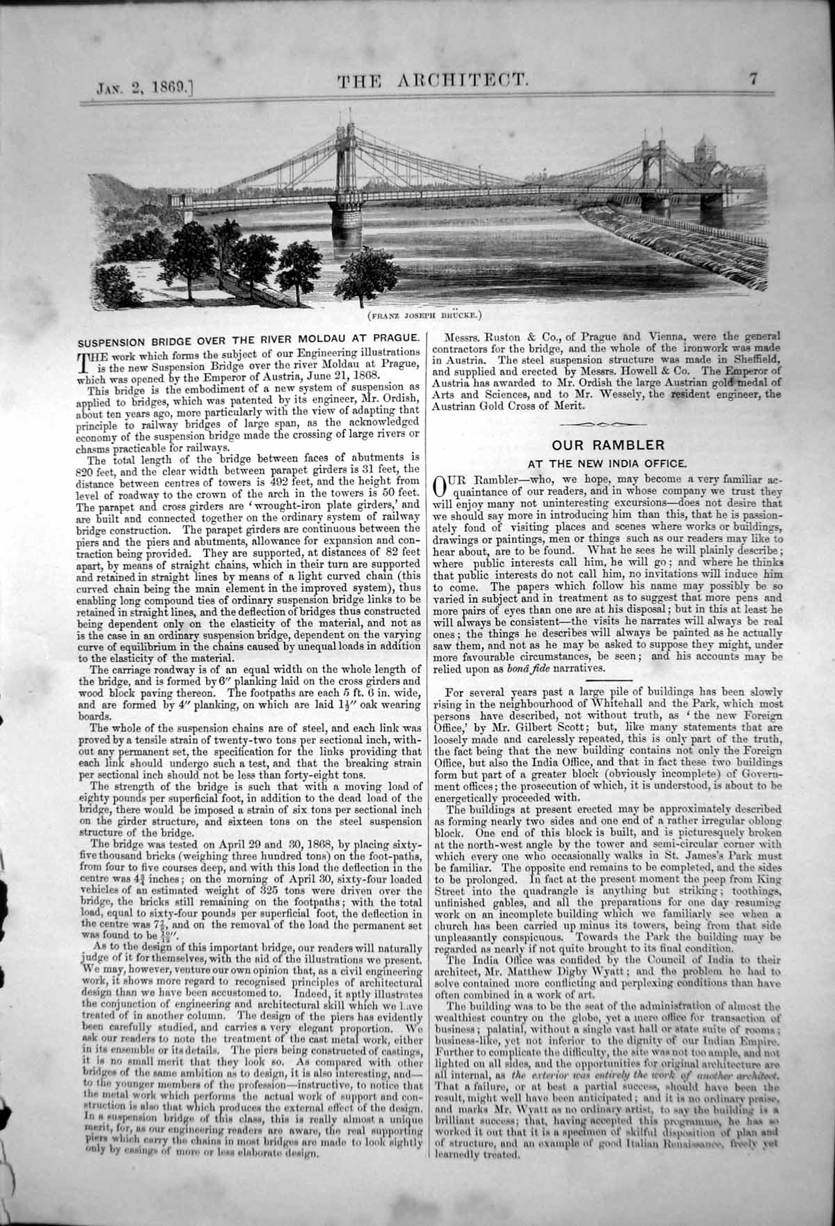 Original Old Antique Print Suspension Bridge Over River Mau Prague 1869 19th