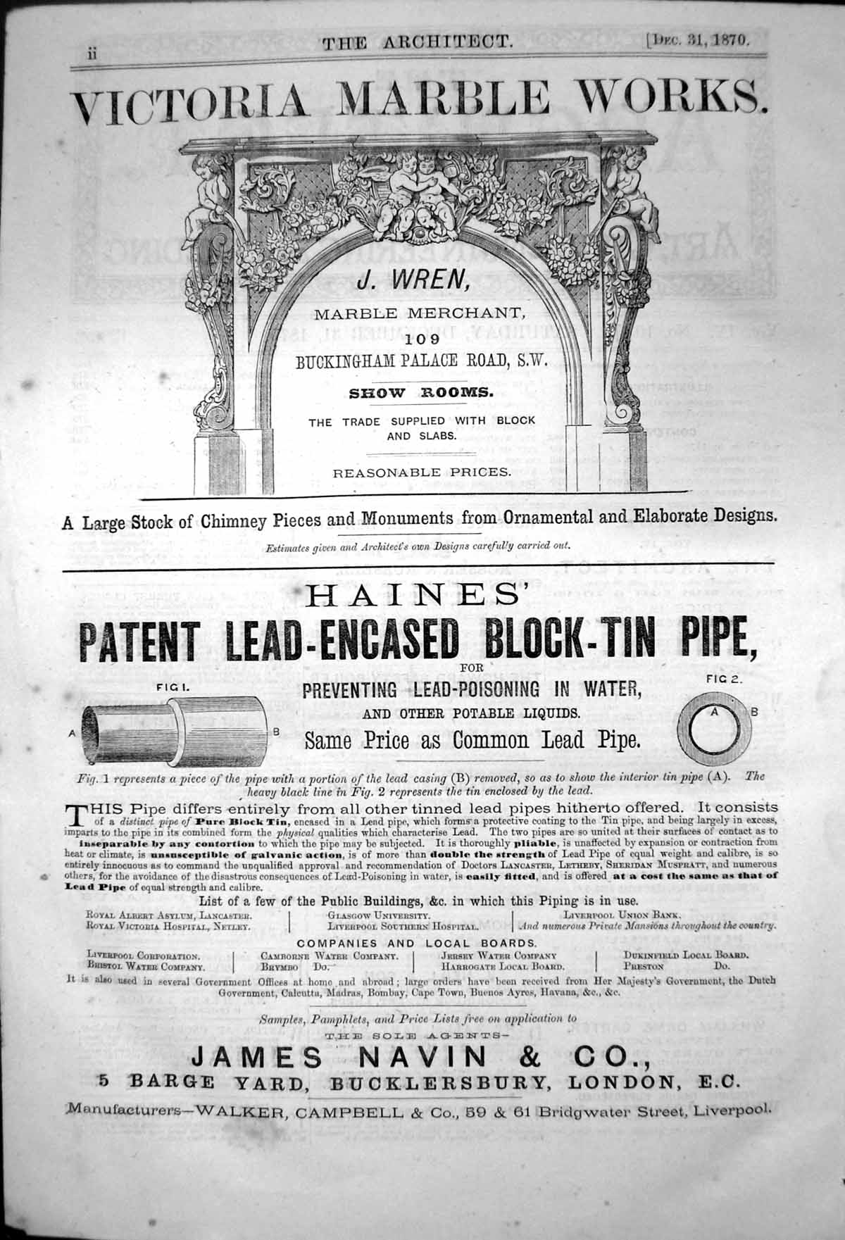 Antique Print Victoria Marble Works Haines Lead Encased Block Tin Pipe 1870