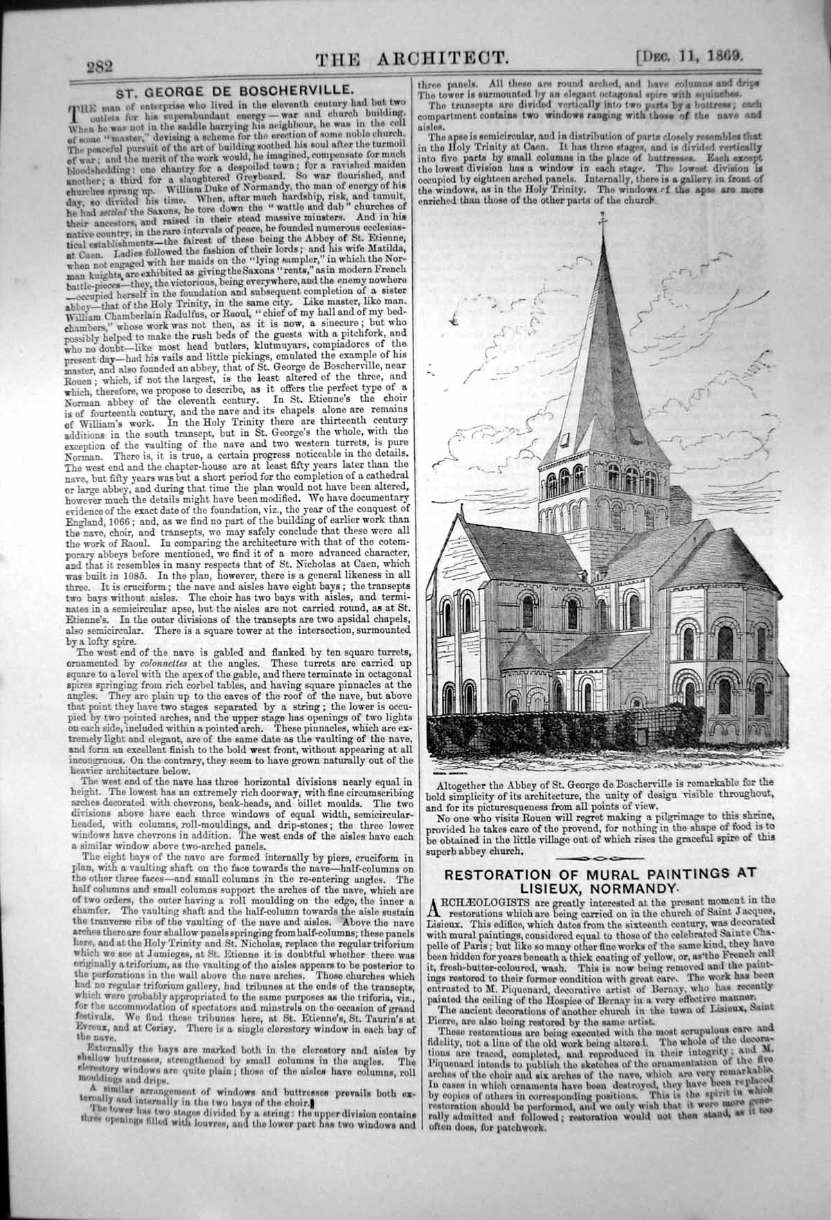 Original Old Antique Print Abbey St George De Boscherville Rouen 1870 Victorian