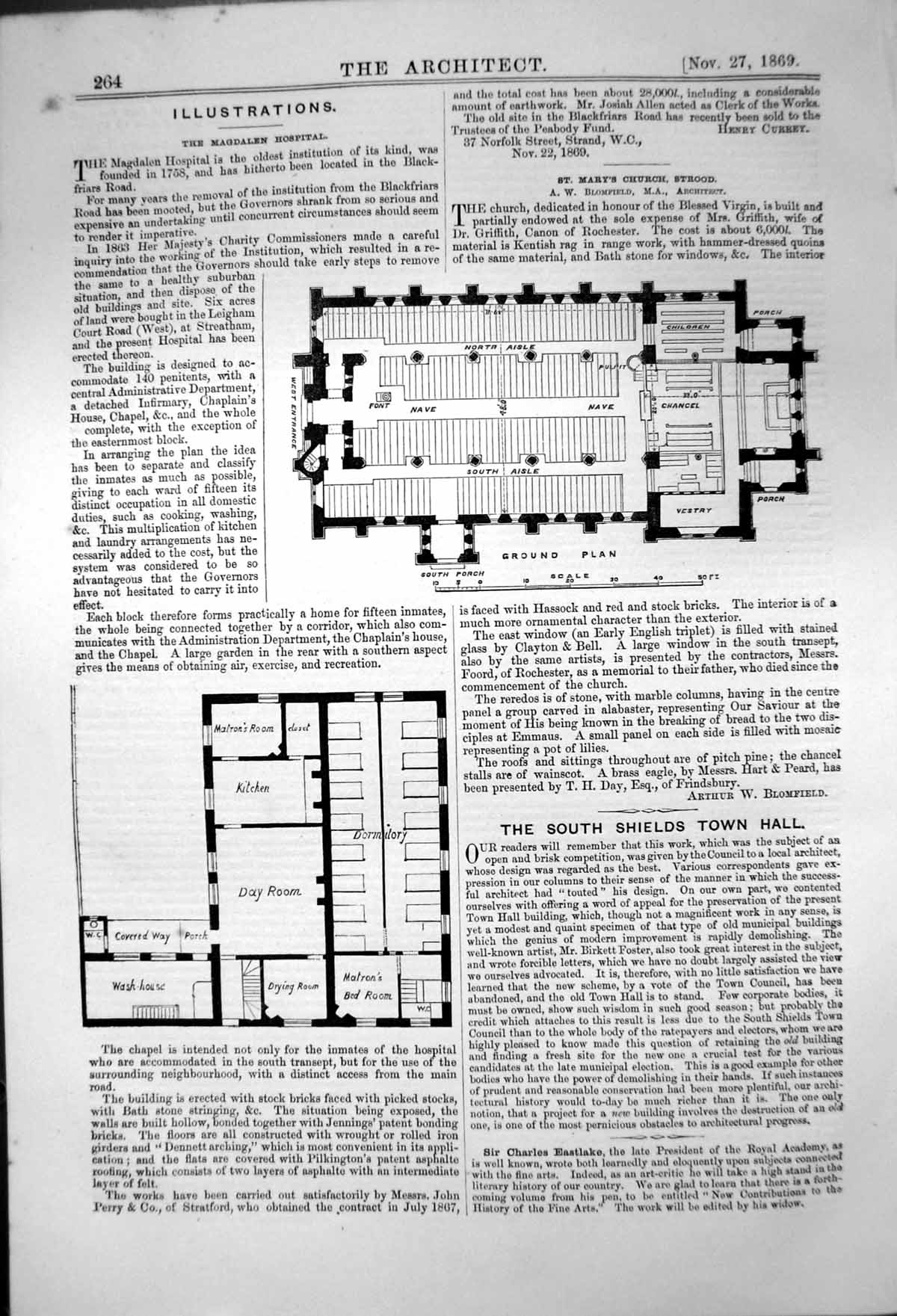 Antique Old Print Ground Plans Magdalen Hospital St Marys Church Strood 1870