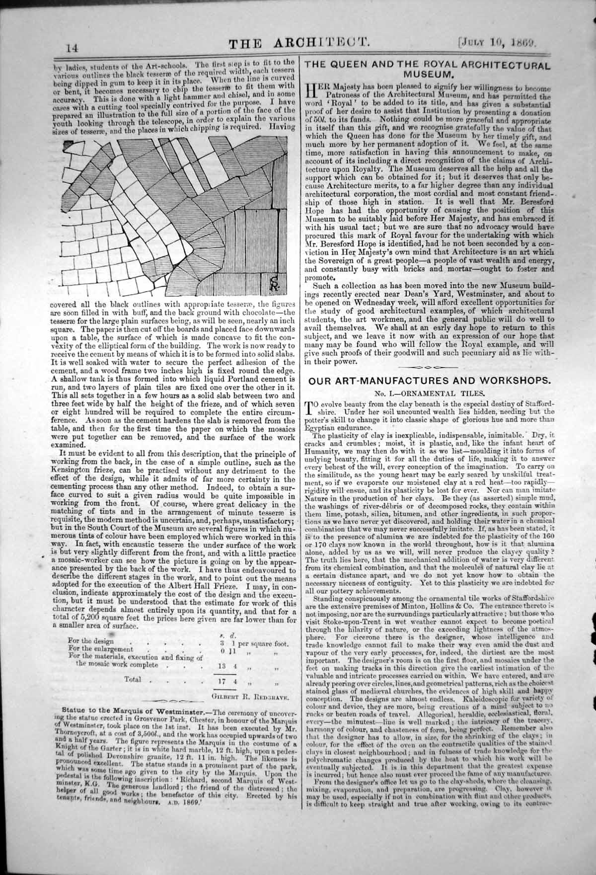 Original Old Antique Print Mosaic Work In Encaustic Tesserae 1869 Victorian