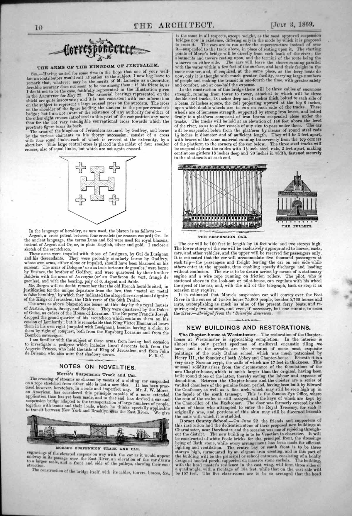Old Print Arms Kingdom Jerusalem Morses Suspension Track Car Pulleys 1869 19th