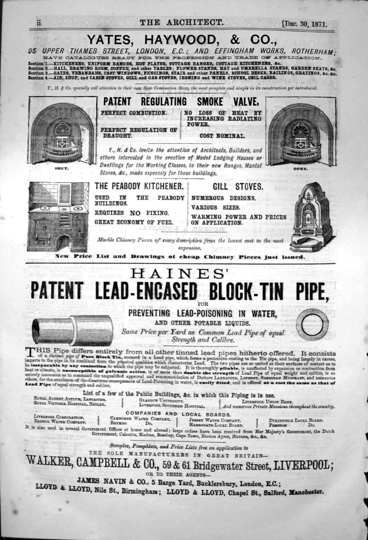 Old Print Haines Lead-Cased Block-Tin Pipe Yates Haywood & Co Ranges 1871 19th