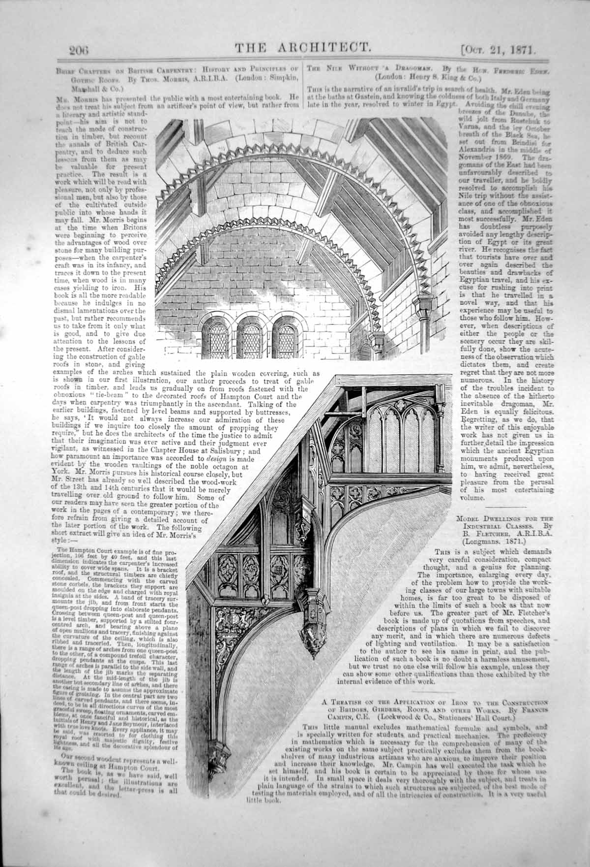 Old Antique Print History Principles Gothic Roofs Example Carvings 1871 19th