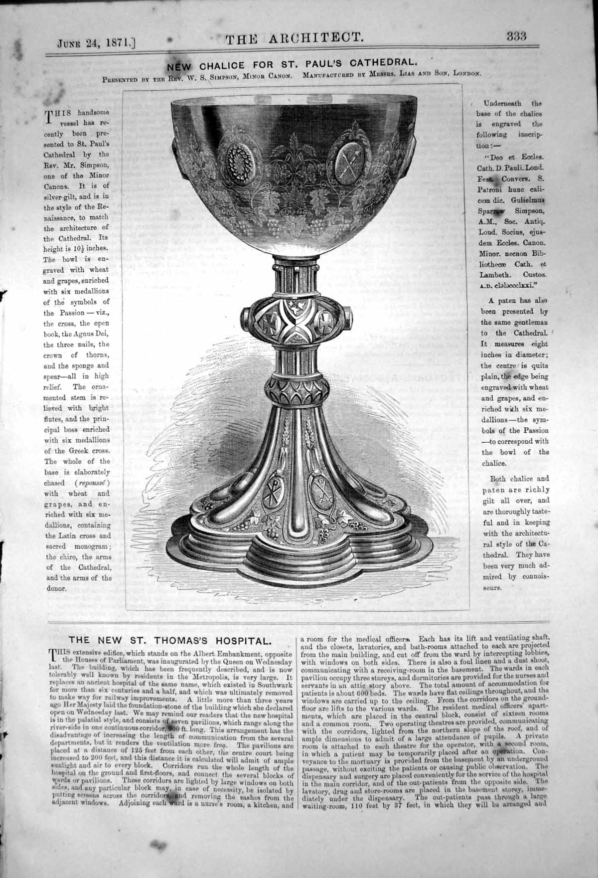 Antique Old Print New Chalice St Pauls Cathedral Messrs Lias Son London 1871