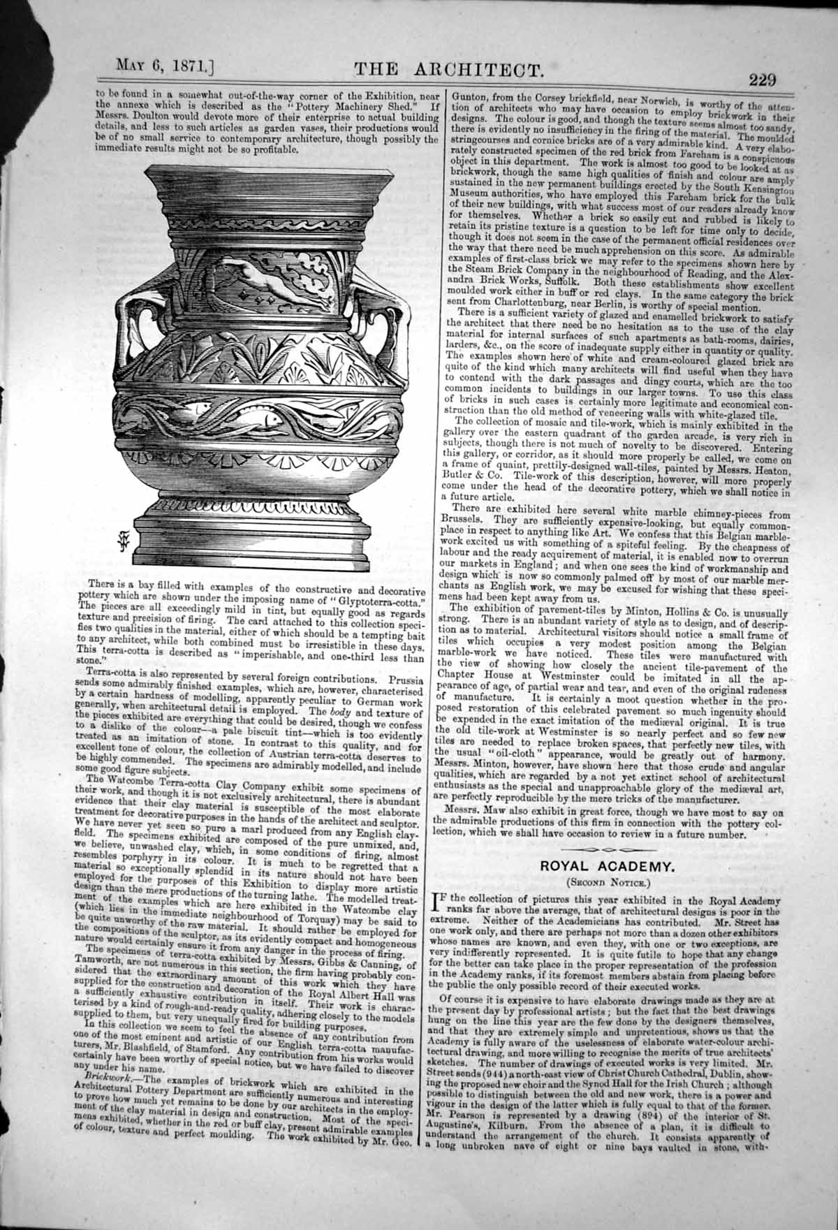 Antique Print Garden Vase Doulton Pottery Terra Cotta Work Exhibition 1871 19th