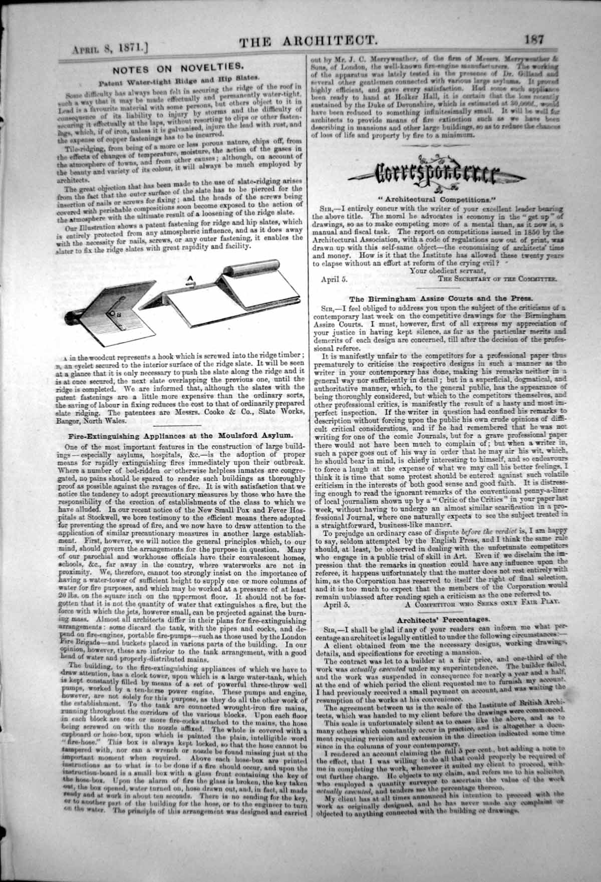 Original Old Antique Print Patent Water Tight Ridge Hip Slates Roofs 1871 19th