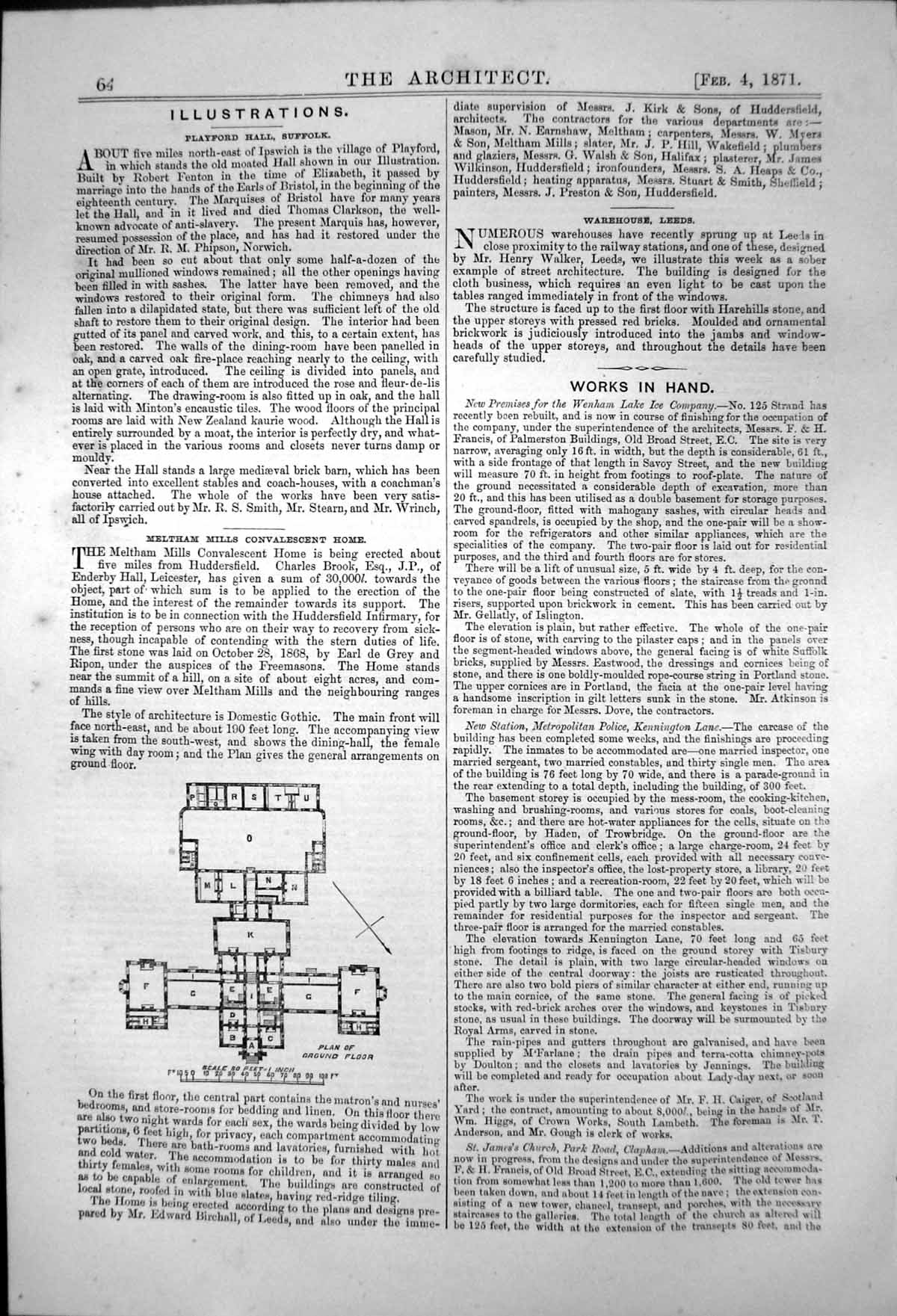 Old Antique Print Plan Ground Floor Meltham Mills Convalescent Home 1871 19th