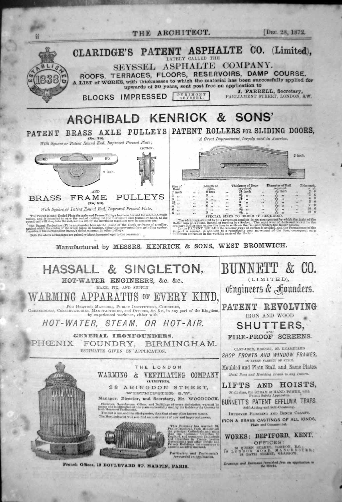 Old Print London Warming Ventilating Co A Kenrick Brass Axle Pulleys 1871 19th