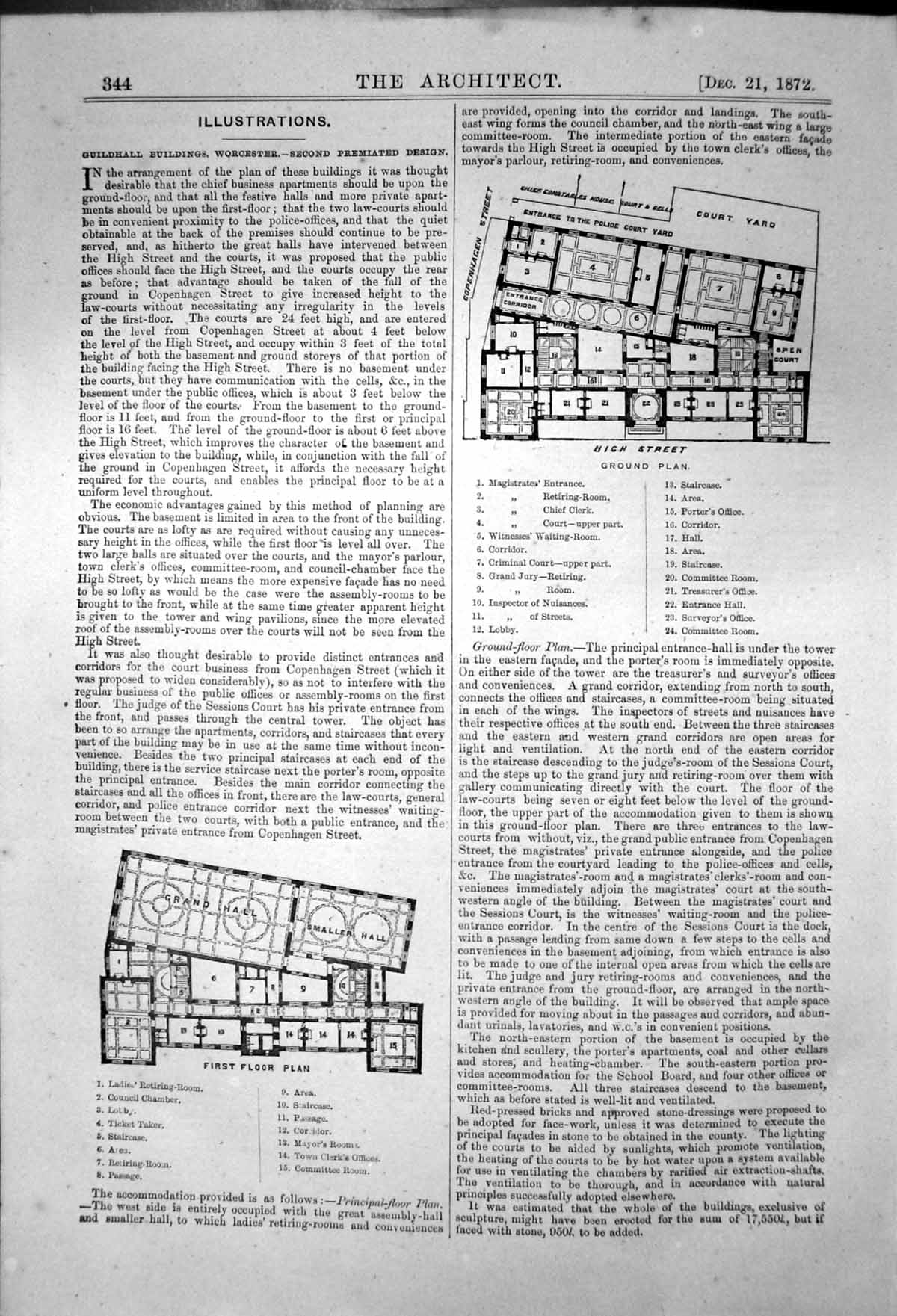 Antique Old Print Guildhall Buildings Worcester Ground First Floor Plan 1872