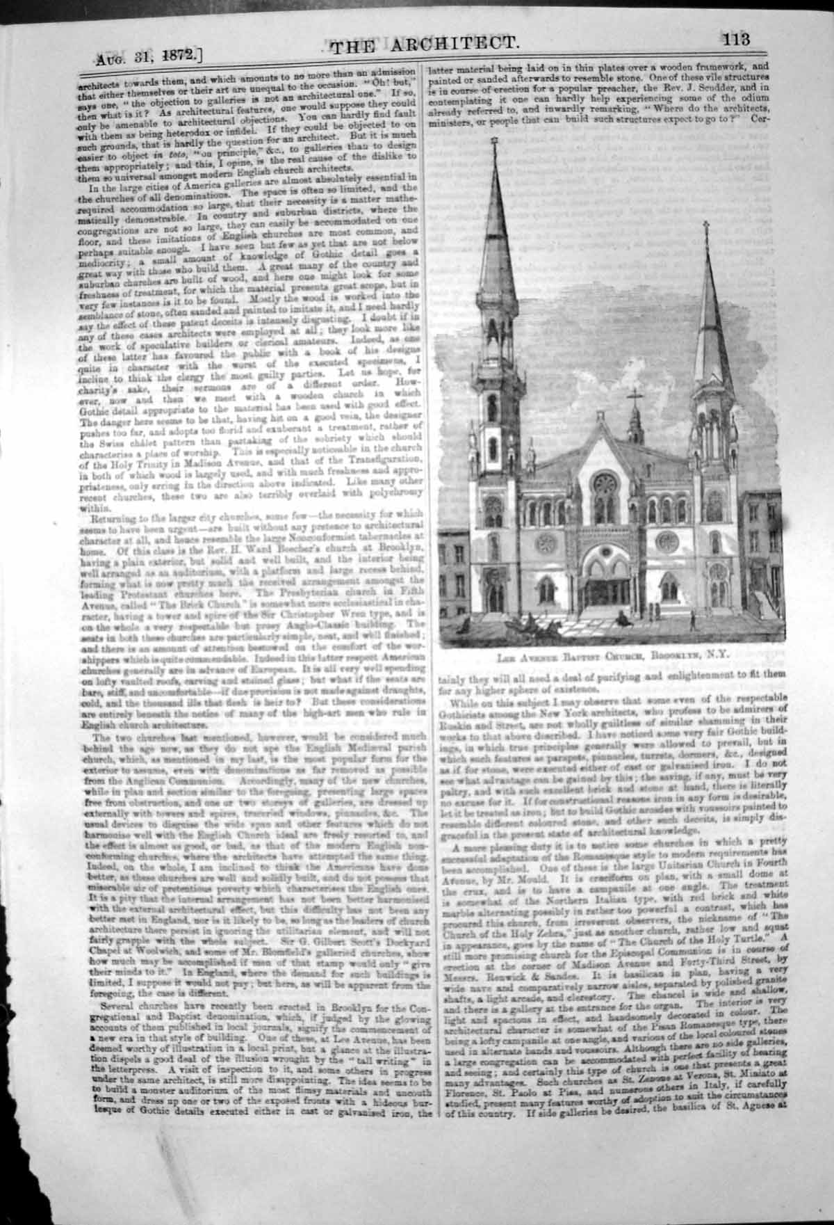 Original Old Antique Print Lee Avenue Baptist Church Brooklyn New York 1872