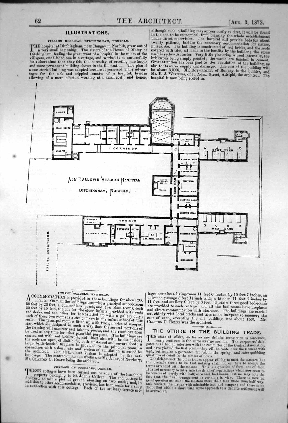 Antique Old Print All Hallowes Village Hospital Ditchingham Norfolk Plan 1872