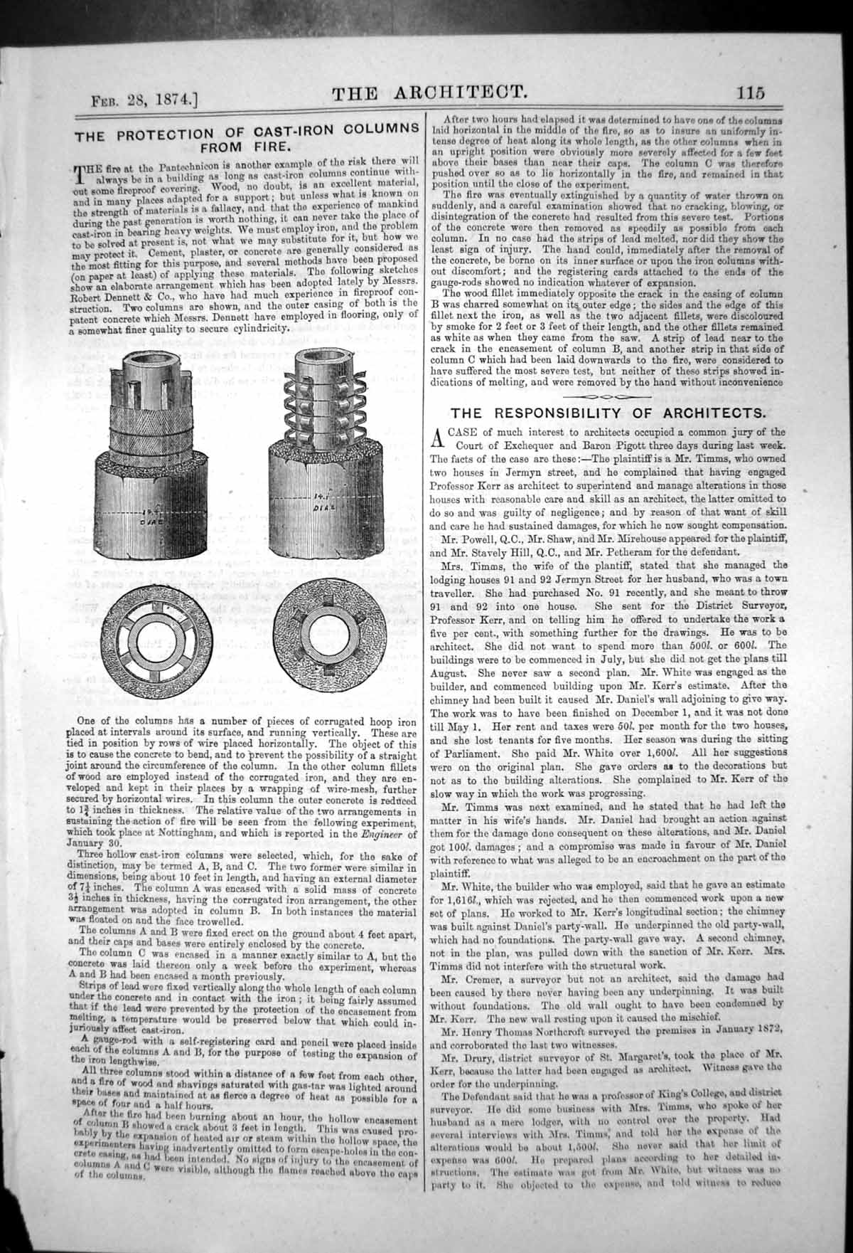 Original Old Antique Print Protection Cast Iron Columns From Fire 1874 19th