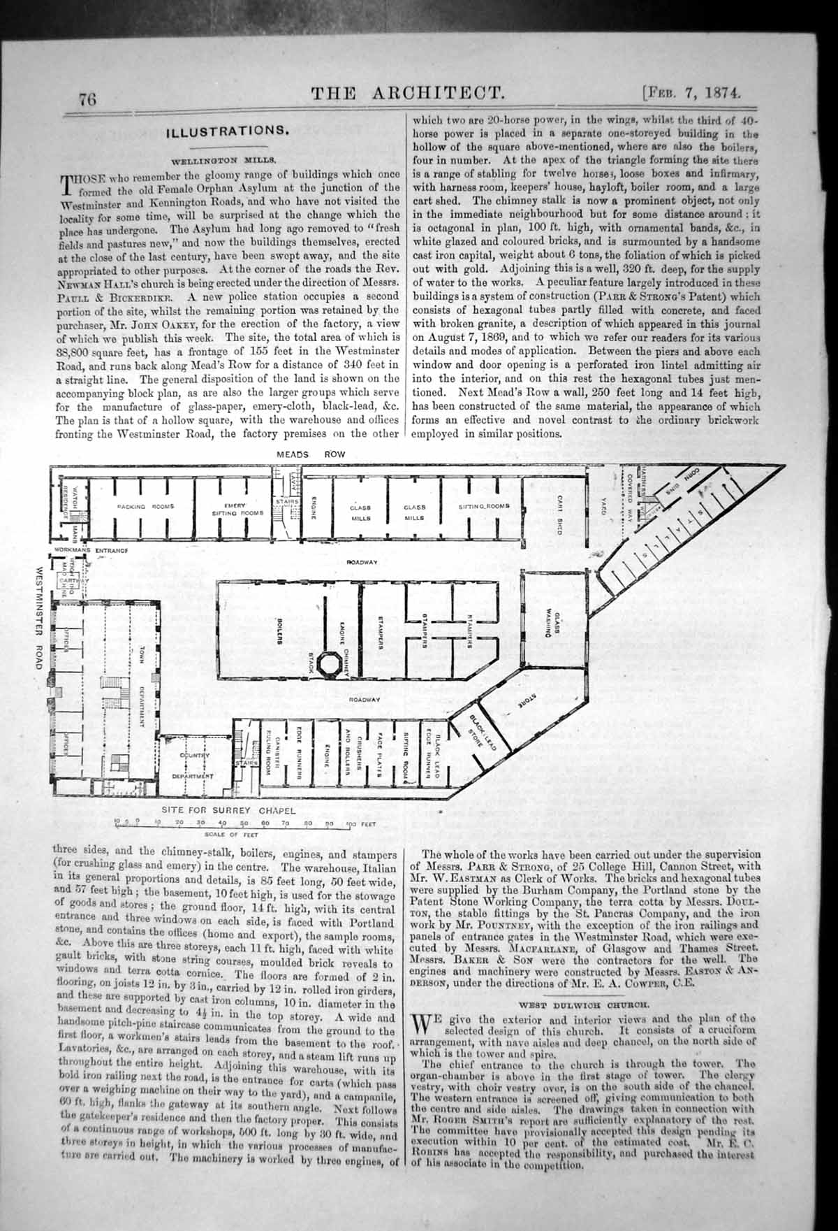 Old Antique Print Plan Site Surrey Chapel Meads Row Westminster Road 1874 19th