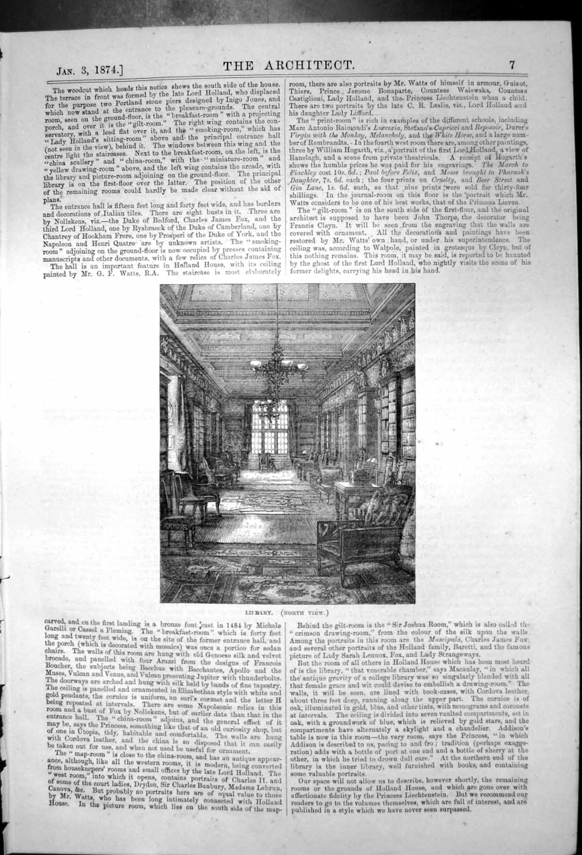 Original Old Antique Print Holland House Library North View 1874 19th