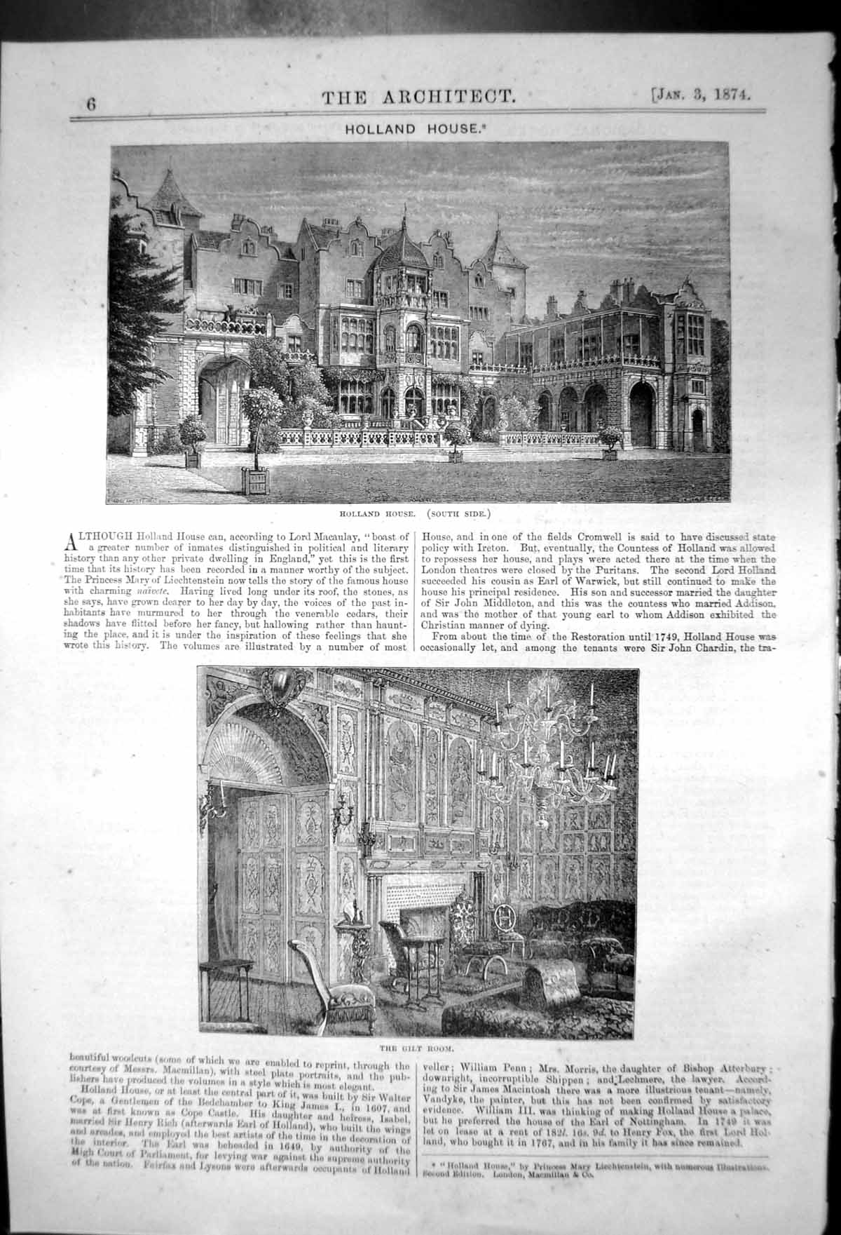 Antique Print Holland House Built Sir Walter Cope South Side Gilt Room 1874