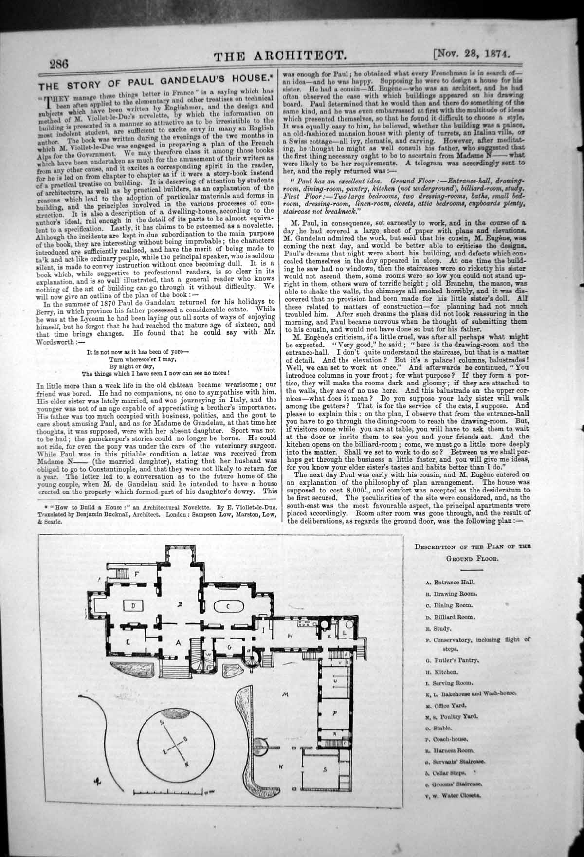 Original Old Antique Print Story Paul Gandelaus House Plan Ground Floor 1874