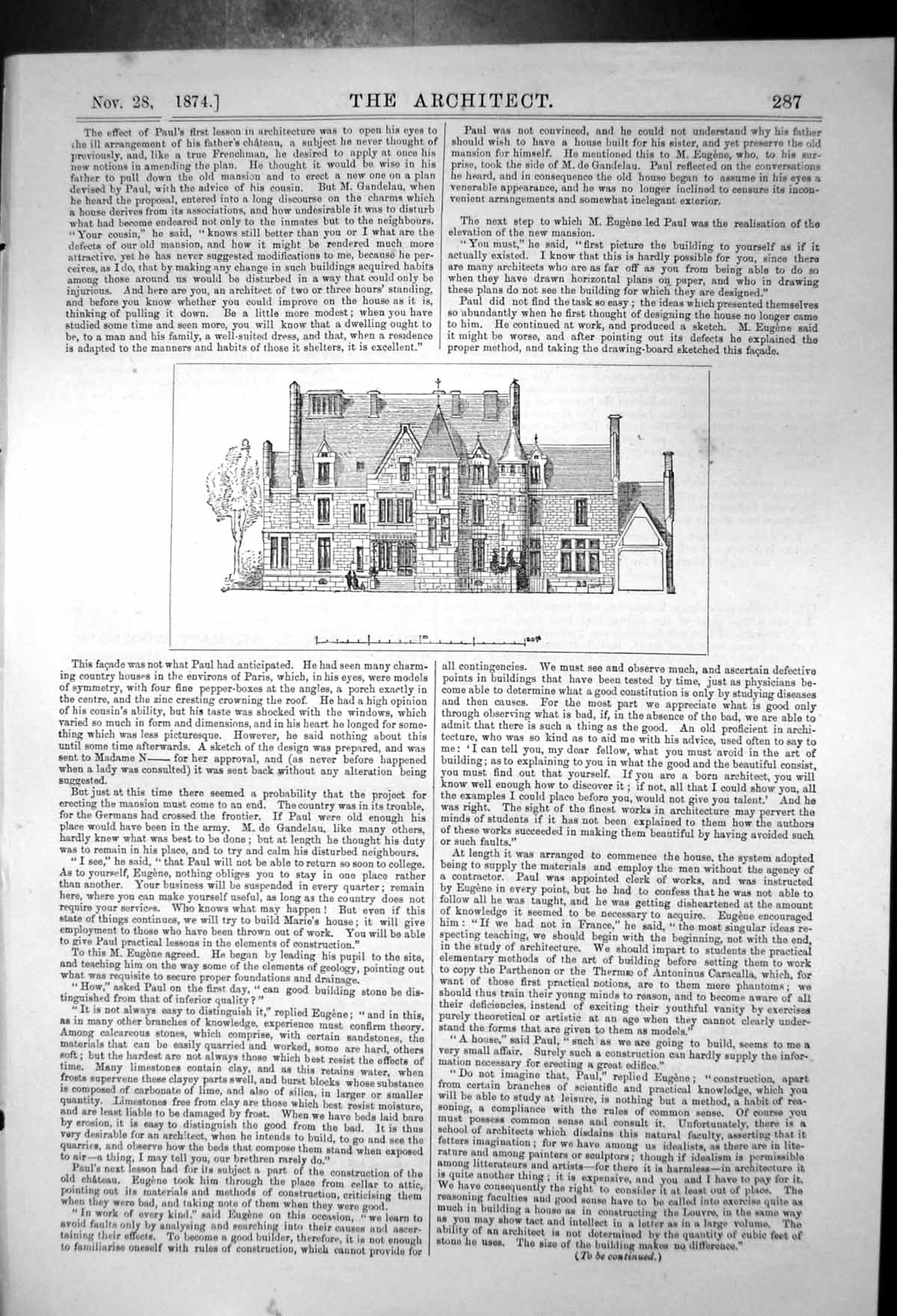 Original Old Antique Print Exterior Paul Gandelaus House Facade Turrets 1874