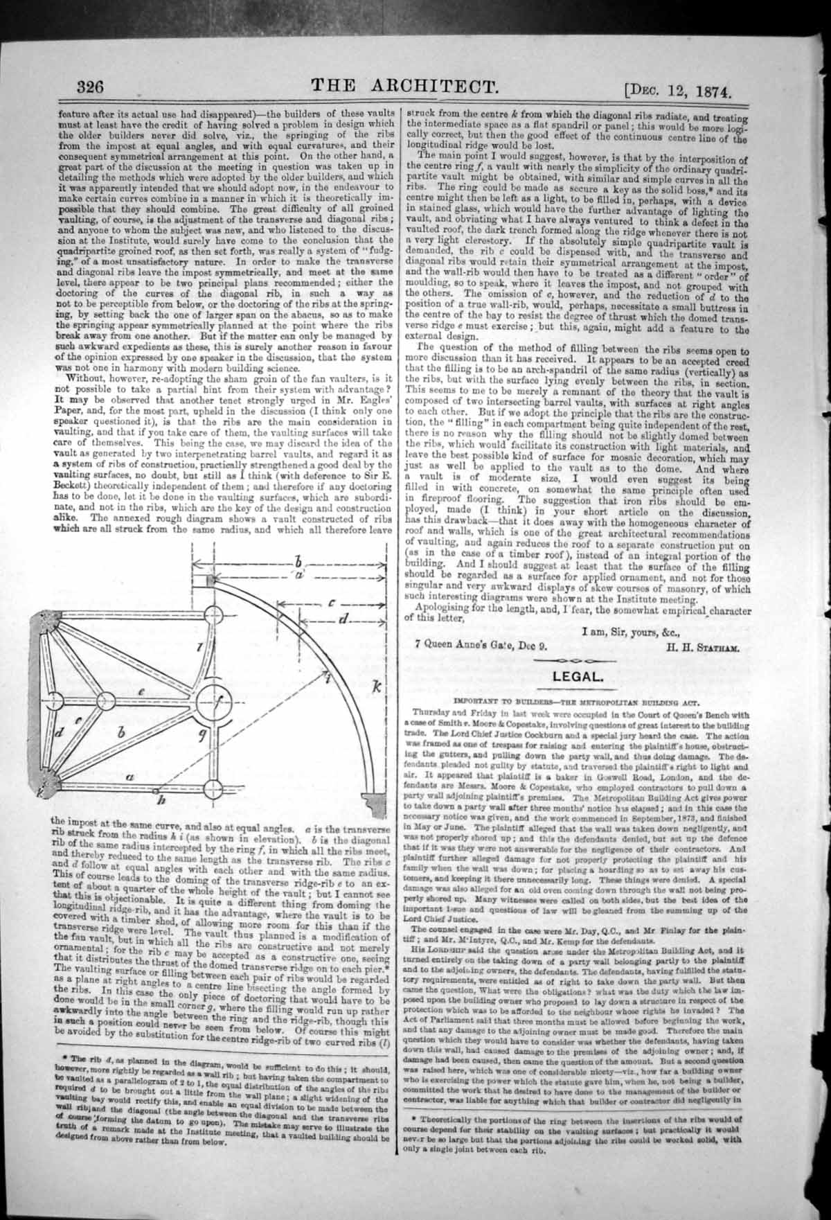 Original Old Antique Print Vaulting Groined Transverse Diagonal Ribs 1874 19th