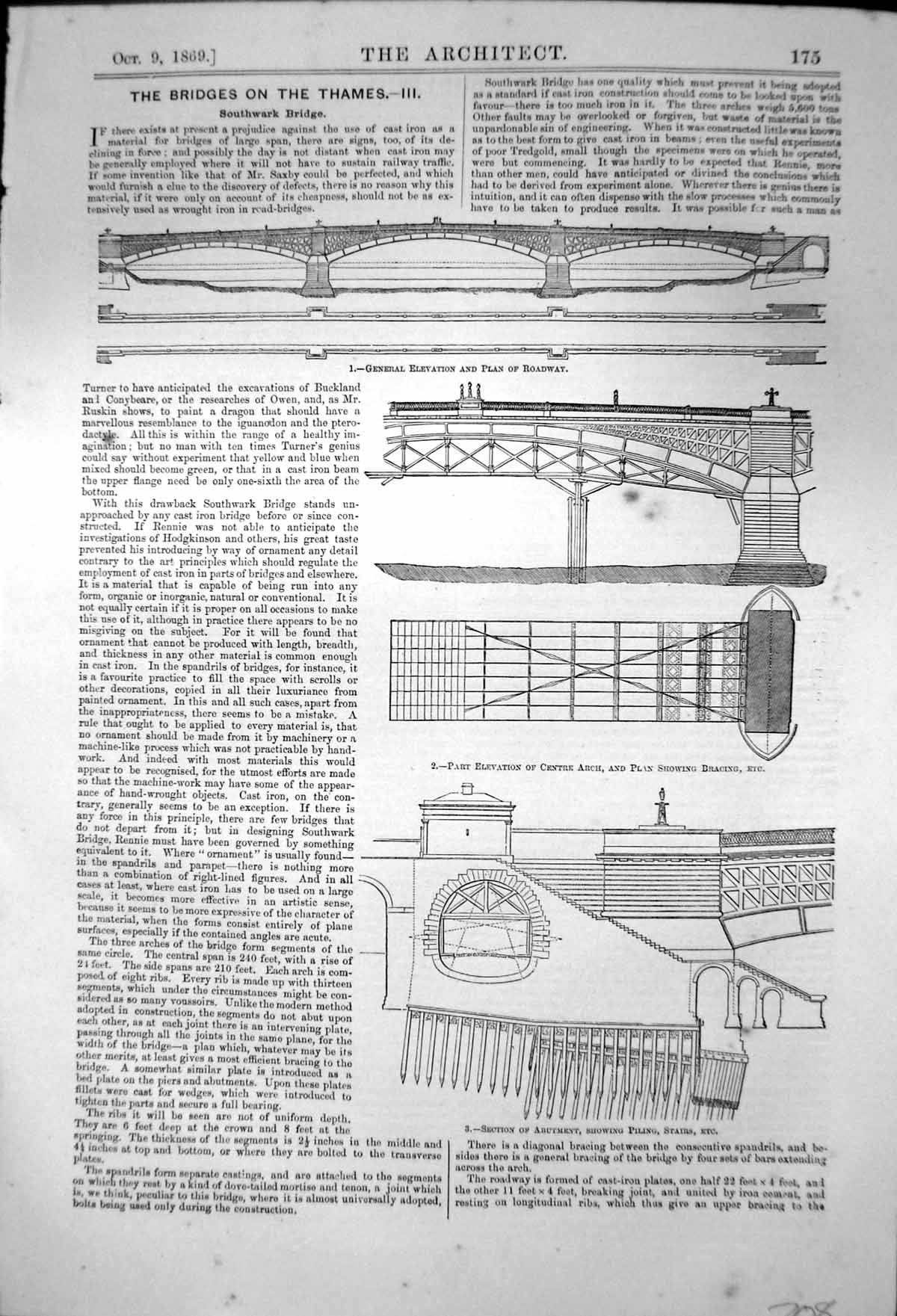 Antique Old Print Southwark Bridge Thames Elevation Plan Roadway Arch 1869 19th