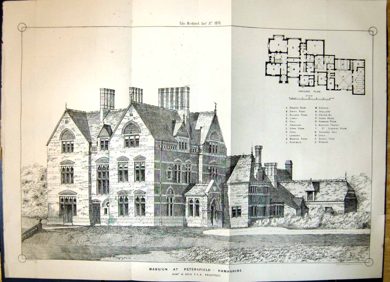 Old Antique Print Architecture 1870 Mansion Petersfield Hampshire Edis 19th