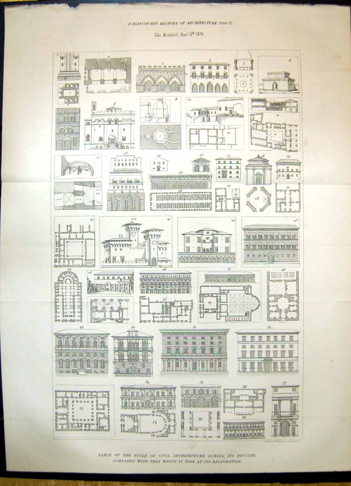 Original Old Antique Print 1870 Table Style Civil Architecture D'Agincourts