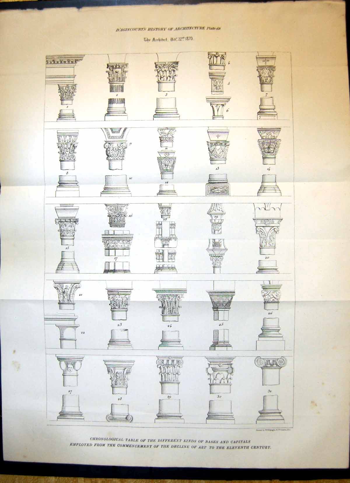 Old 1870 Chronological Table Bases Capitals D'Agincourts Architecture 19th