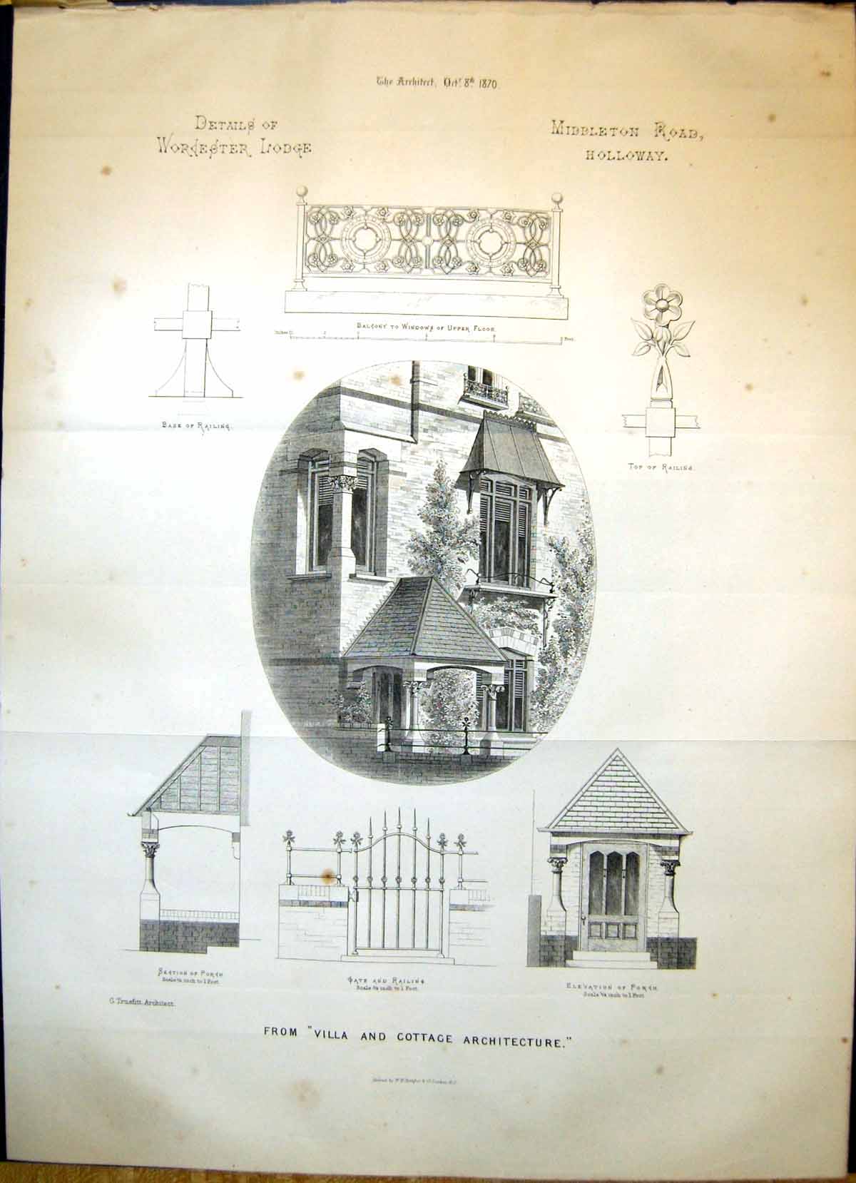 Antique Old Print Architecture1870 Worcester Lodge Middleton Road Holloway