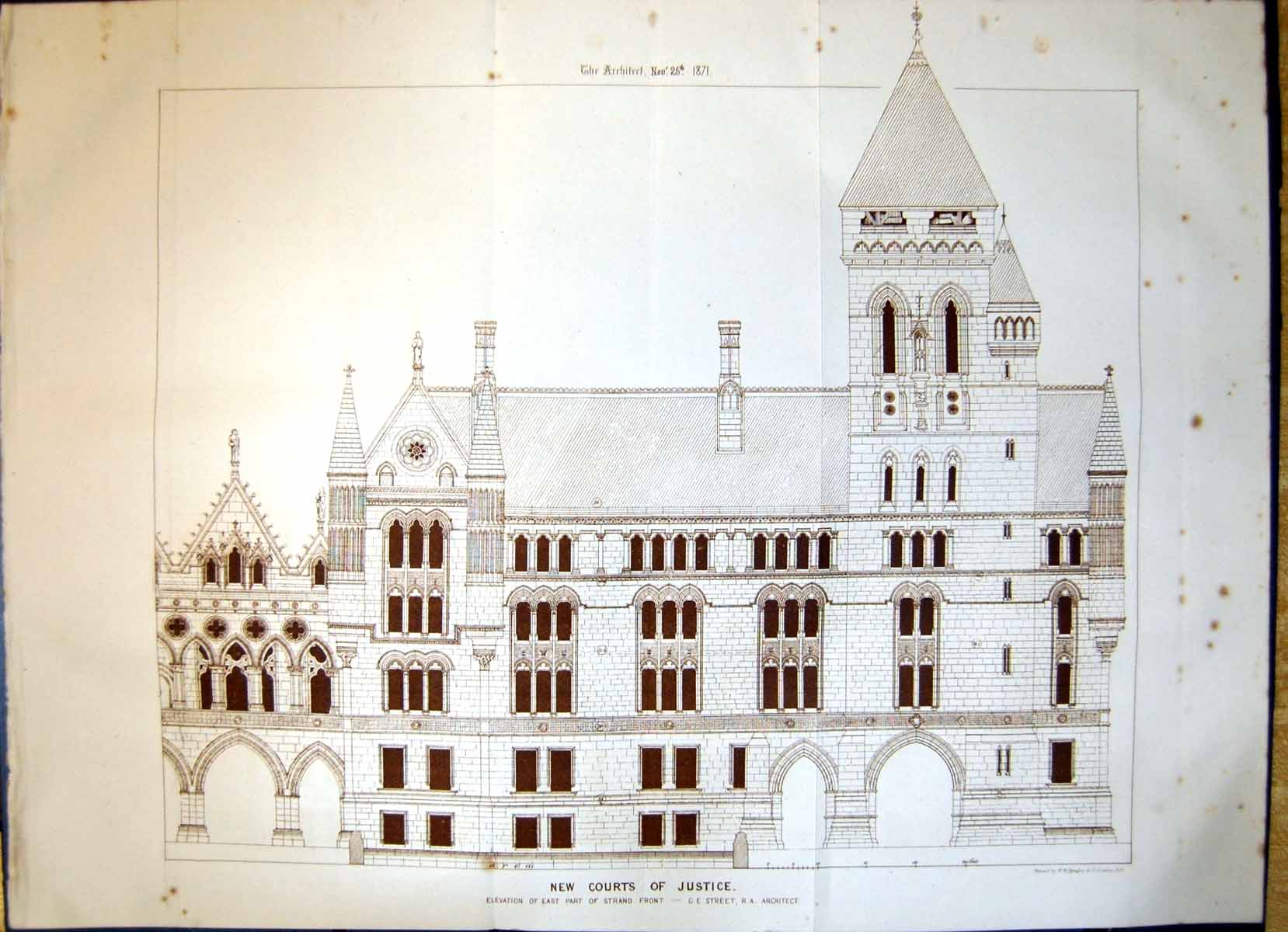 Antique Old Print New Courts Justice Strand Front Street Architecture 1871