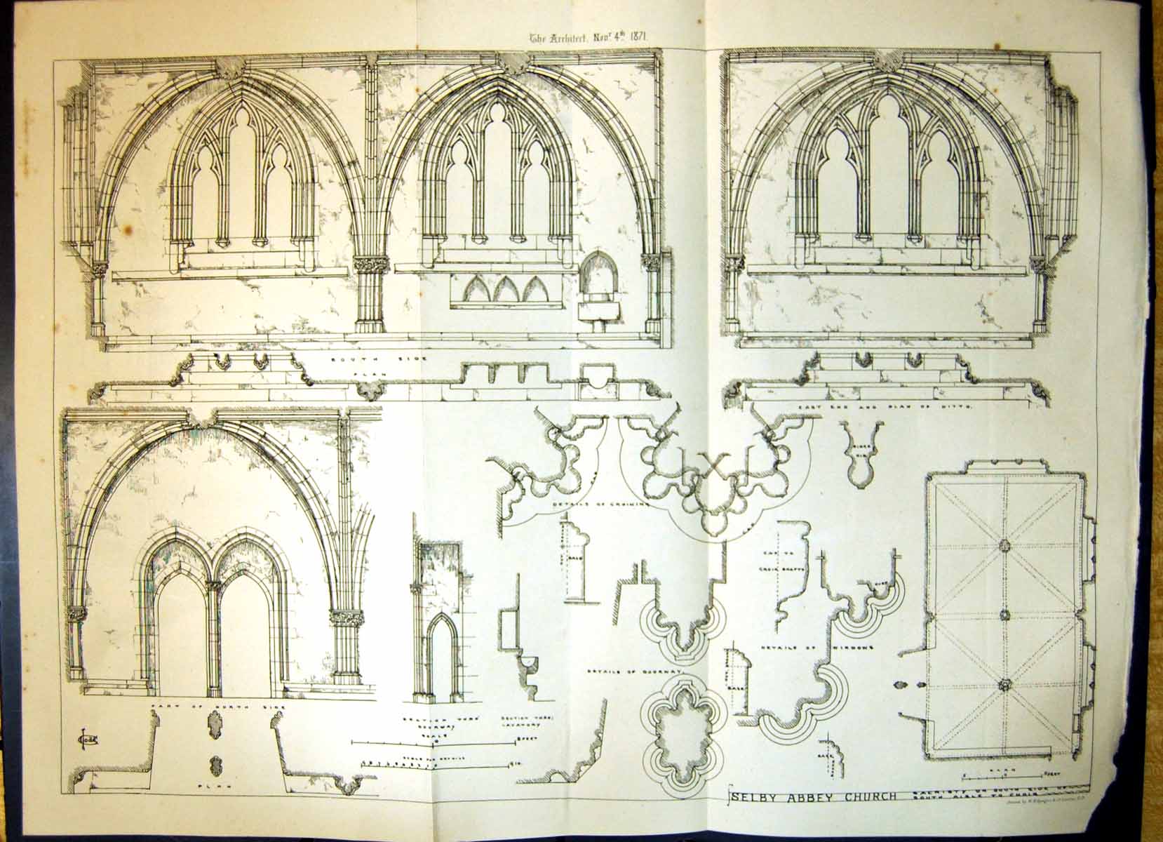 Old Print Architecture Selby Abbey Church 1871 Windows South Aisle Choir 19th