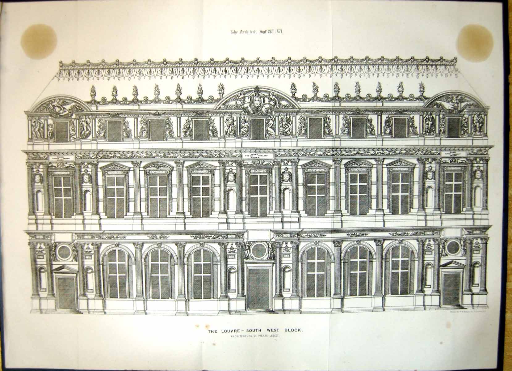Antique Old Print Louvre South West Block Pierre Lescot Architecture 1871 19th