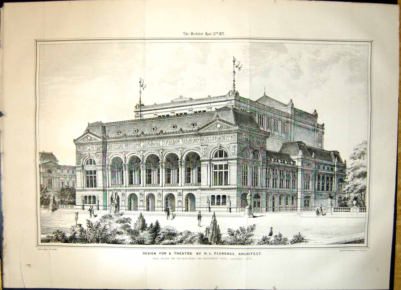 Old Print Architecture 1871 Design Theatre Florence GMedal Royal Academ 19th