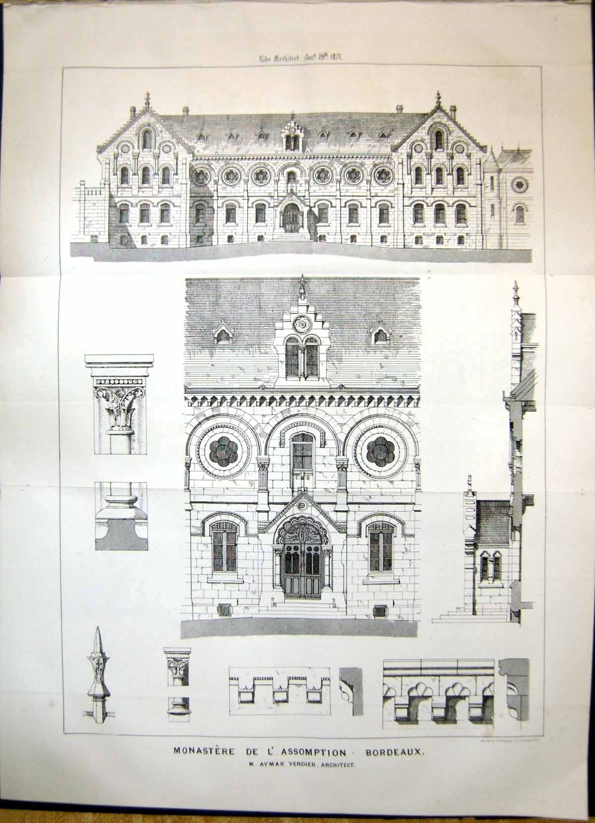 Antique Print 1871 Monastere De L'Assomption Bordeaux Verdeir Architecture