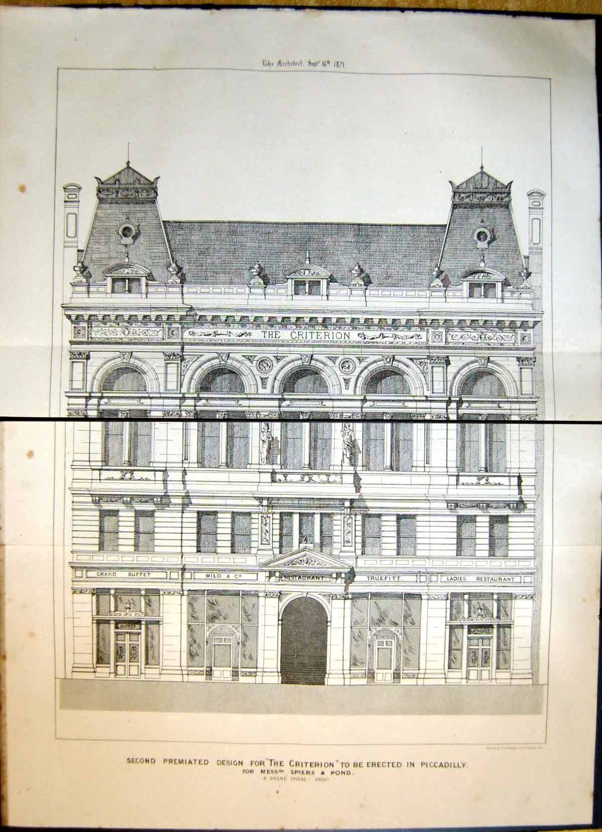 Old Architecture 1871 Design Criterion Theatre Piccadilly Spiers Pond 19th