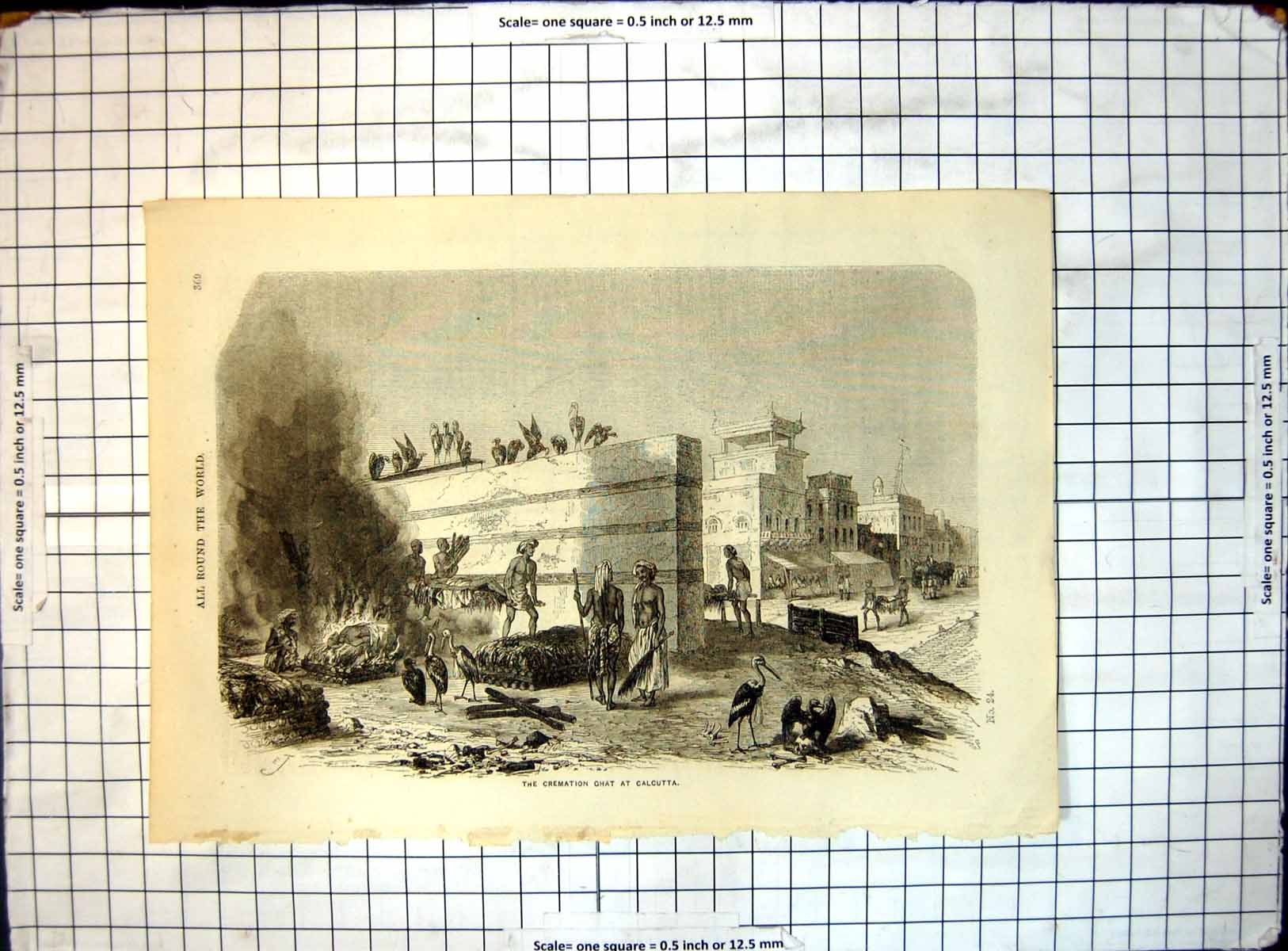 Original Old Antique Print All Round World Cremation Ghat Calcutta