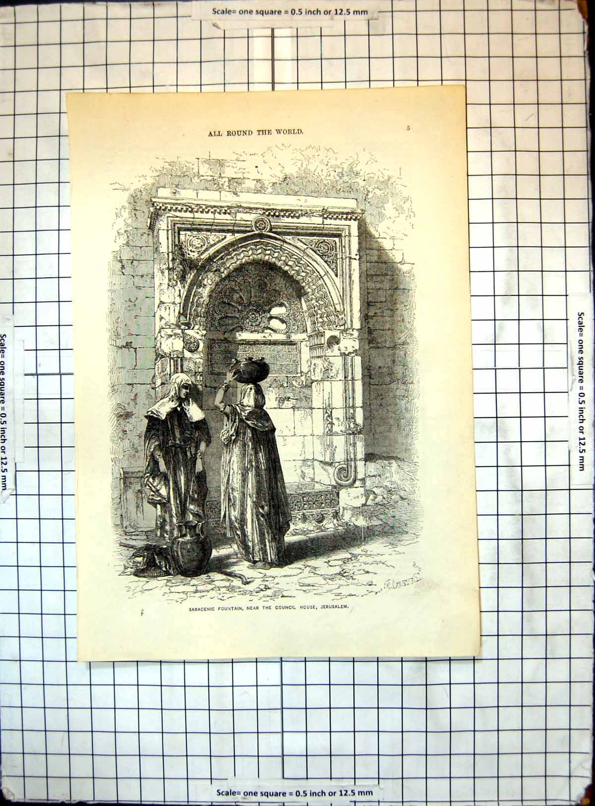 Old Print All Round World Saracenic Fountain Near Council House Jerusalem